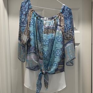 Joseph Ribkoff Blue and White Patterned Blouse